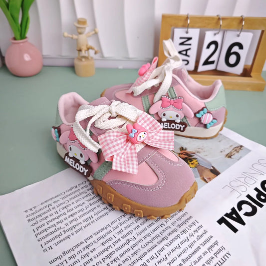 Kids'casual Shoes My Melody Girls' Shoes Cartoon Pu Leather Outdoor Soft Bow Anti-Slip Sneakers Children Shoes Pink Size 26-37