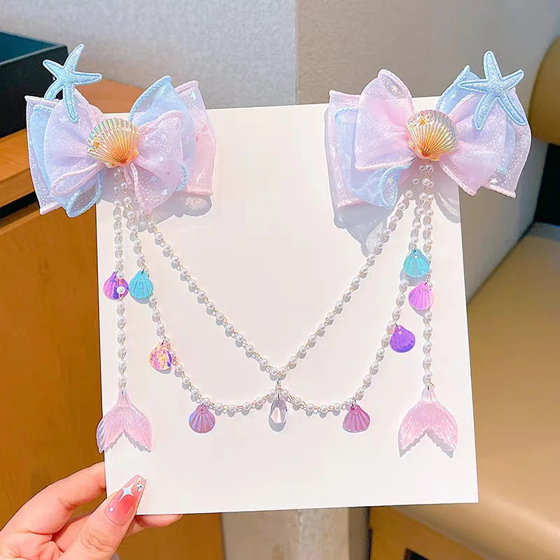 Baby Girls Cute Mermaid Princess Pearl Tassel Bow Forehead Chain Hair Clip Children Hair Accessories Girls Super Hair Clip TM04