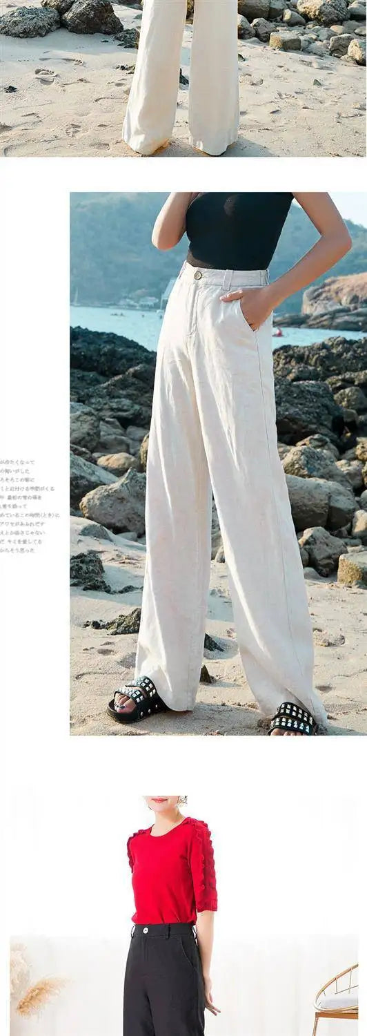 Women's Pants Summer Cotton Linen Wide Leg Pants Full Length Casual Solid White Loose High Waist Straight Trousers Women