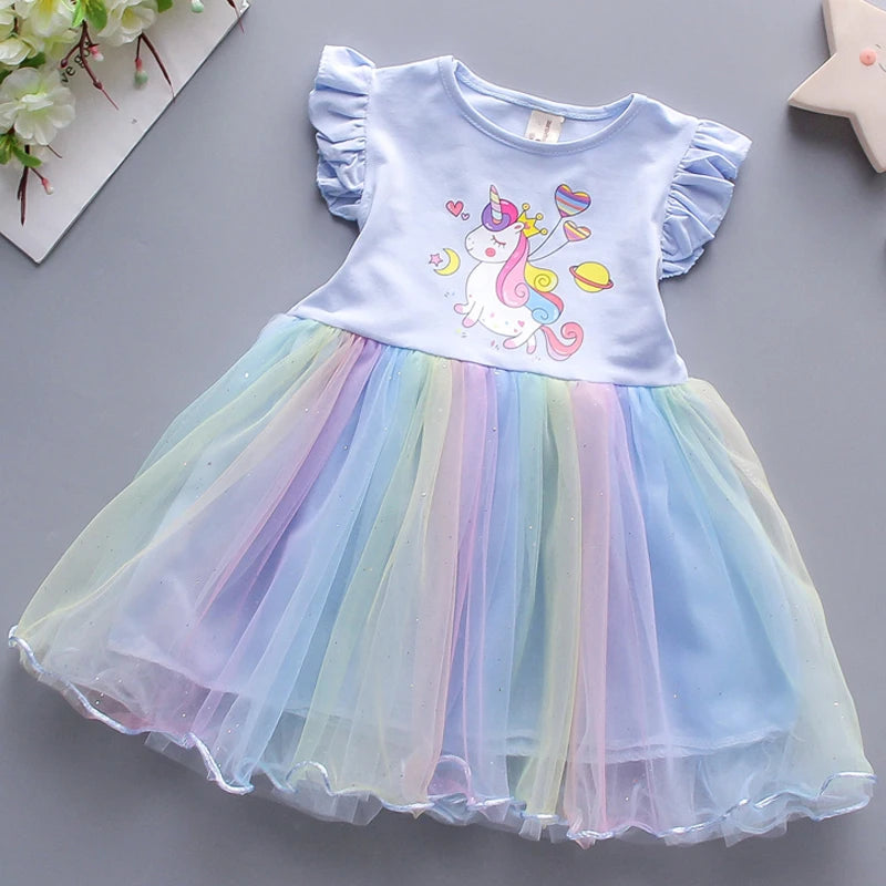 Unicorn Girls Dress New Kids Clothes Summer Short sleeve TuTu Princess Dresses Party Baby Dresses for Children Rainbow 2-8Y