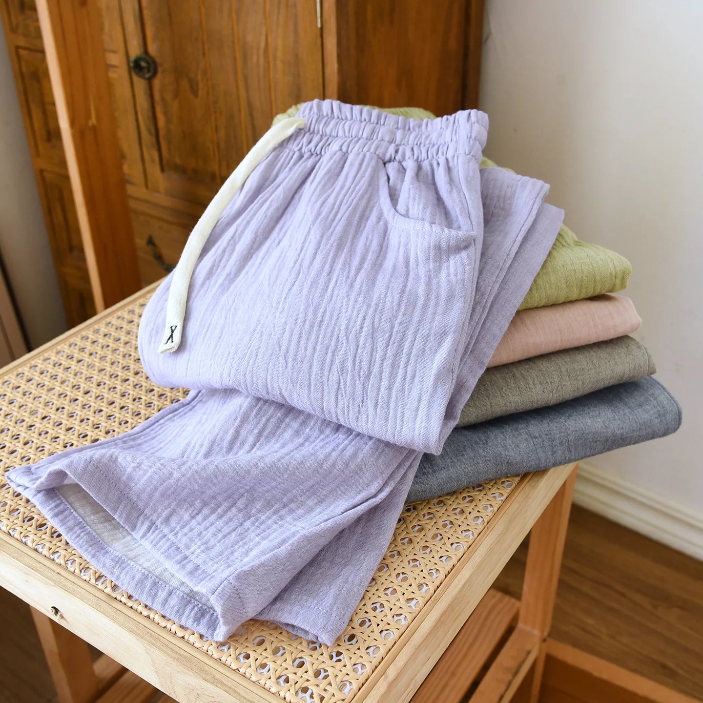 Summer Women Cotton Gauze Wide Leg Pants Casual Loose Elastic Waist Trousers with Pockets Solid Color Breathable Lounge Pants