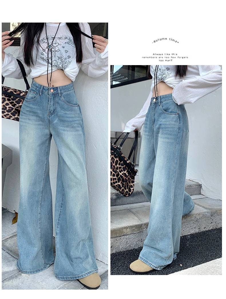 Women's Jeans Denim Pants 2025 Euramerican High Waist Girl Style Jean Trousers Colorful Straight Leg Wide Leg Pants