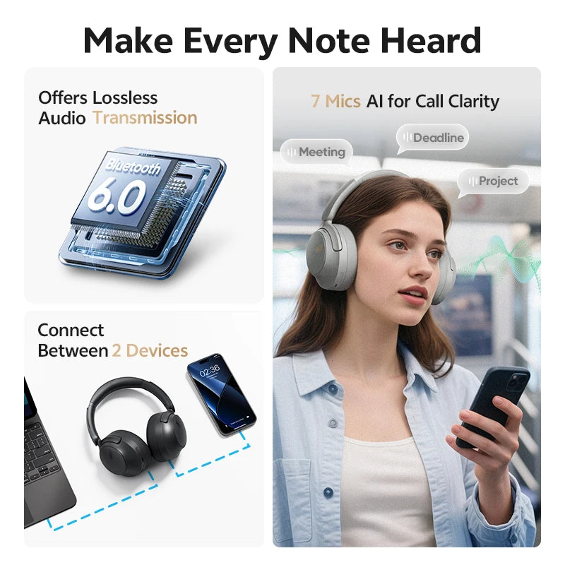 QCY H3S Wireless Headphones Bluetooth 6.0 Noise Canceling -56dB Over Ear Earphone Hi-Res Spatial Audio Dual Driver Headset 102H