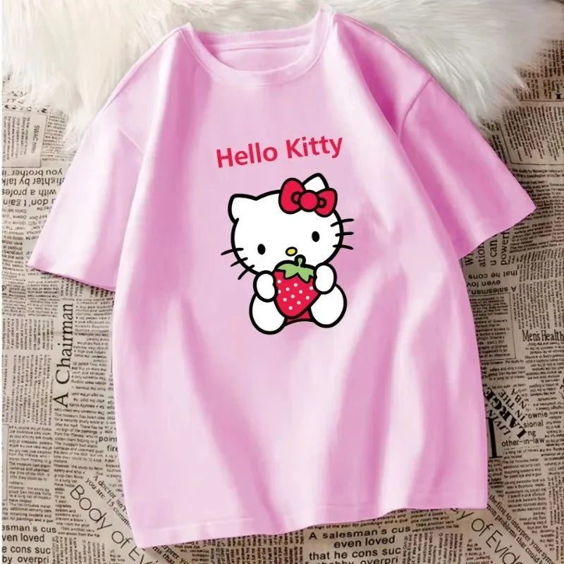 Hello Kitty Cotton T-shirt Women Men Couples Cute Printed Trend Tops Oversized Y2k Unisex Couples T-shirts Female Male Clthing