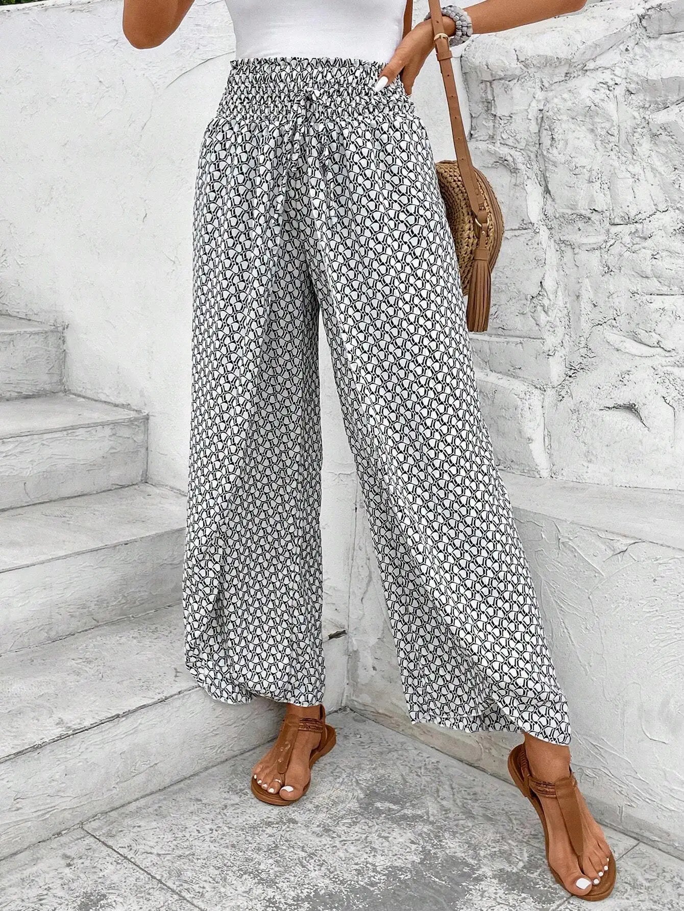 Women's Pants 2025 Summer New Fashion Floral Side Wide Leg Skirt Pants Calça Feminina Pantalon Mujer Pantaloni Lange Hosen