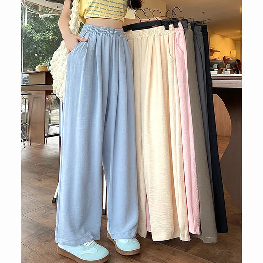 Summer Women Sweet Colorful Ice Silk Pants Lady Baggy Versatile Elastic Straight Leg Trousers Female Wide Leg High Waisted Pants