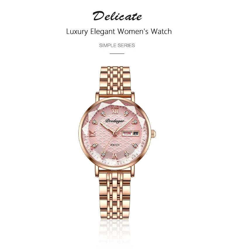 POEDAGAR Top Elegant Women's Watches Stainless Steel Date Week Woman Watch Waterproof Luminous Fashion Ladies Watch Quartz Reloj