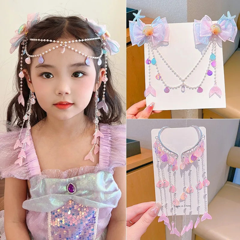 Baby Girls Cute Mermaid Princess Pearl Tassel Bow Forehead Chain Hair Clip Children Hair Accessories Girls Super Hair Clip TM04
