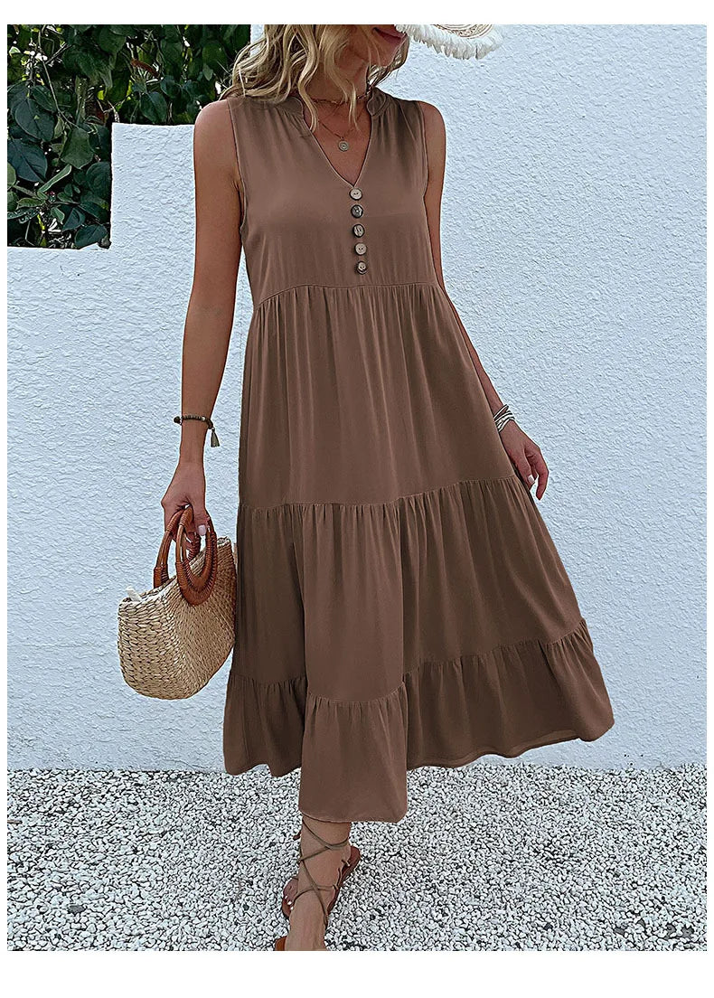 Dresses for Women 2025 Summer V-neck Single-breasted Vest Dress Sleeveless Loose Casual Solid Color Dress Vestidos De Mujer