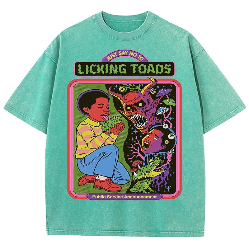 Licking Toads Printing Washed Men T Shirts Casual Stree Hip Hop Tees Breathable Soft Cotton Sport Loose Short Sleeve Unisex