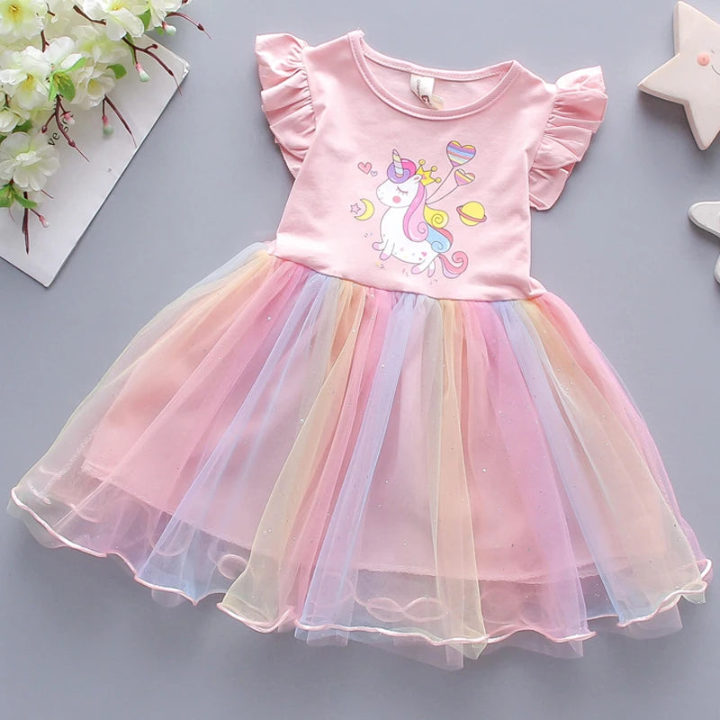 Unicorn Girls Dress New Kids Clothes Summer Short sleeve TuTu Princess Dresses Party Baby Dresses for Children Rainbow 2-8Y