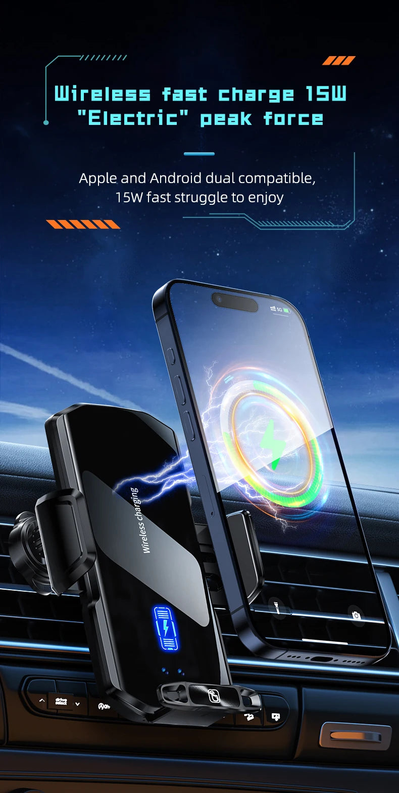 Wireless Car Phone Holder Stand 15W Fast Charge Touch Control Air Vent Phone Bracket Tempered Glass Panel for iPhone Android