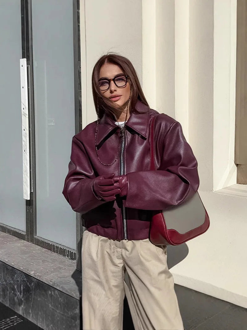 Womens Jacket Outerwears Cropped Faux Leather Jacket Autumn Long Sleeve Burgundy Bomber Jackets Casual Zipper Short Jacket