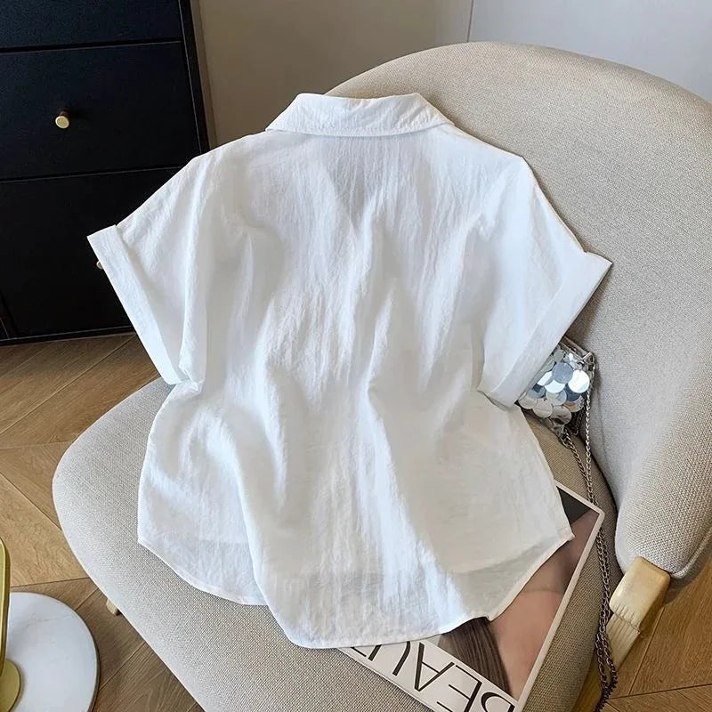White Cotton Shirt Women Summer New Thin Loose Blouses Fashion Korean Commute Solid Short Sleeved Shirt Top