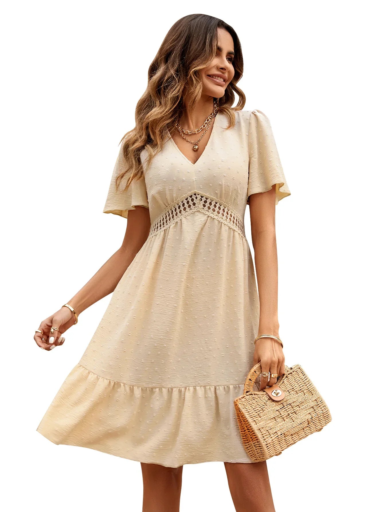 Summer Womens Dresses 2025 Solid Color V-neck Waist Ruffle Sleeve Knee Length Swing elegant party Dress Casual Holiday Vestidos