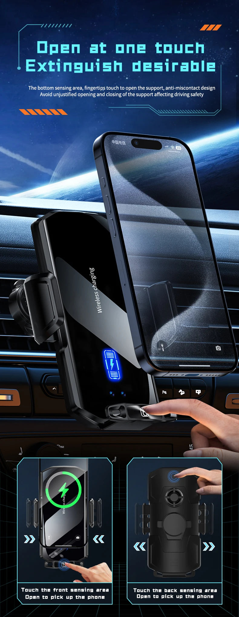 Wireless Car Phone Holder Stand 15W Fast Charge Touch Control Air Vent Phone Bracket Tempered Glass Panel for iPhone Android
