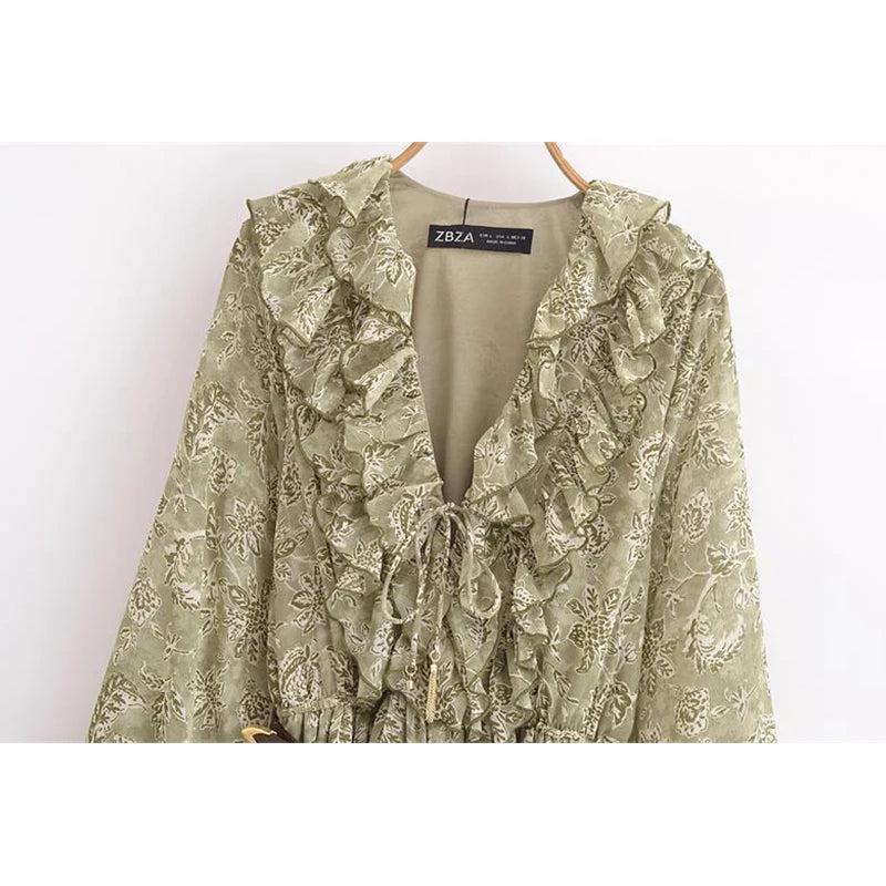 Dresses Women's 2025 New Spring Chiffon Print V-neck Chic Slim Long Dress Fashion Elegant Holiday Street Women's Dress