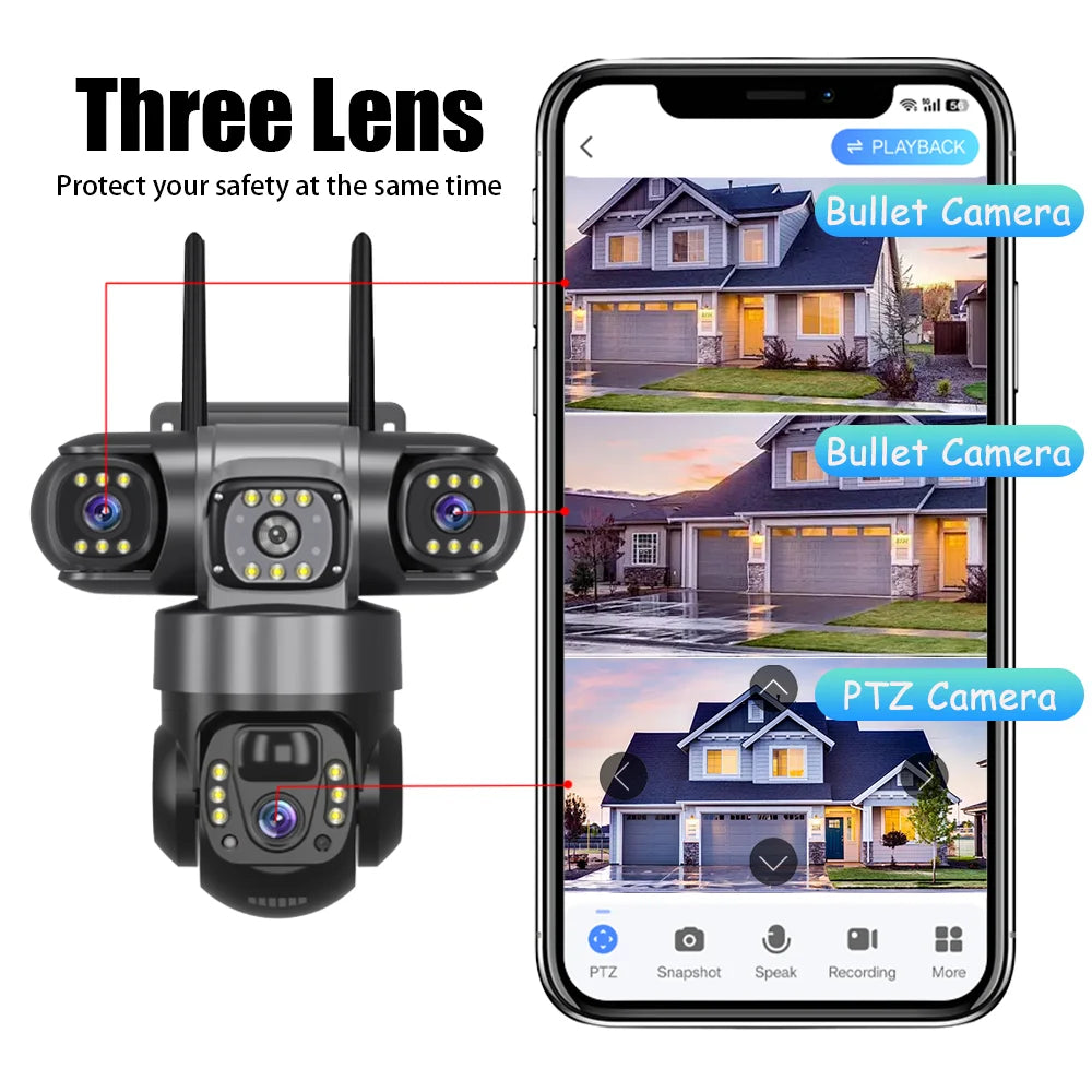 4G Solar Security Camera Outdoor Waterproof Wireless Three Lens Three screens Full Color Night Vision Motion Detection CCTV