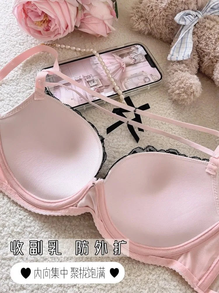 Women Underpants Low Waist Mesh Hollowed Bow Panties and Bra Set Breathable Briefts Lace Push Transparent Lingerie