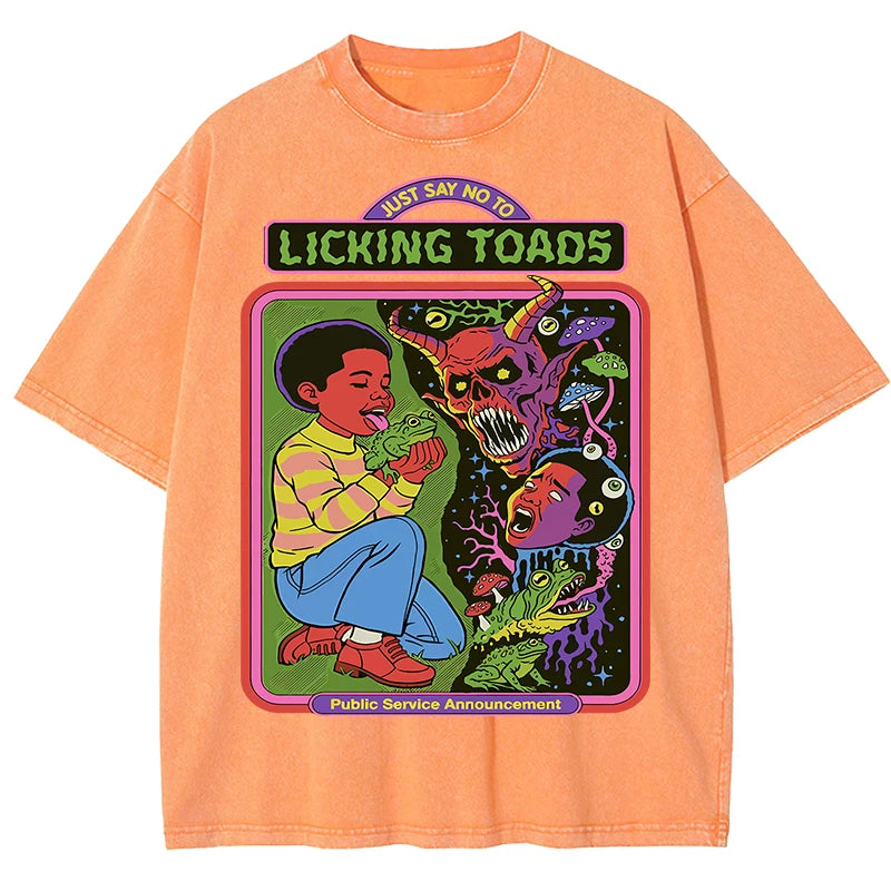 Licking Toads Printing Washed Men T Shirts Casual Stree Hip Hop Tees Breathable Soft Cotton Sport Loose Short Sleeve Unisex