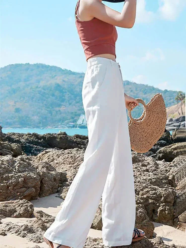Women's Pants Summer Cotton Linen Wide Leg Pants Full Length Casual Solid White Loose High Waist Straight Trousers Women