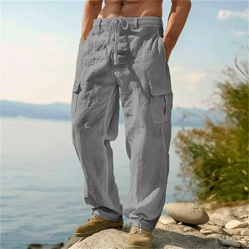 Men's Casual Trousers Loose Comfortable cargo pants Pants Man Cotton Linen multi-pocket Straight trousers Beach thin men Pants