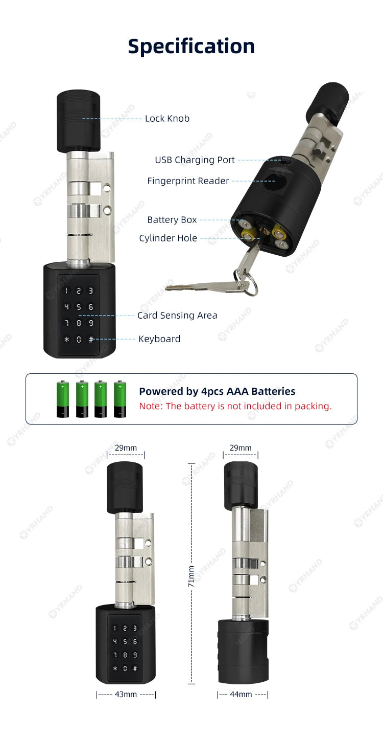 Smart Euro Cylindrical Door Lock ttlock app Keyless Security Entry Mechanical Key Waterproof fingerprint door lock For home