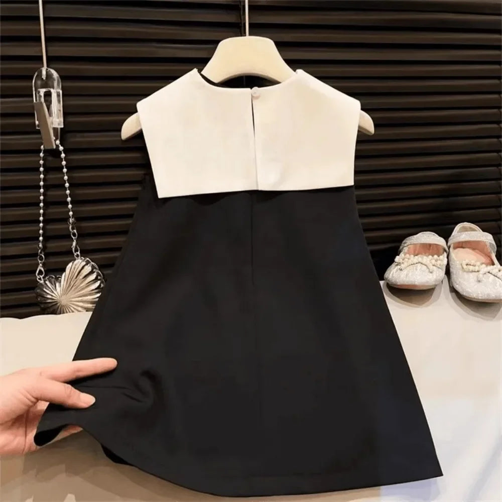 Korean Version Black Sleeveless Kids Clothes Summer New Bow Decoration Girls Dress Birthday Party Princess Dresses 2-7 Years Old