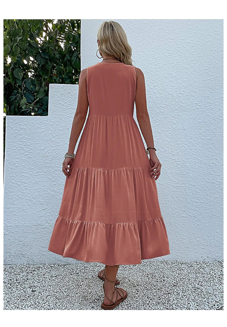 Dresses for Women 2025 Summer V-neck Single-breasted Vest Dress Sleeveless Loose Casual Solid Color Dress Vestidos De Mujer