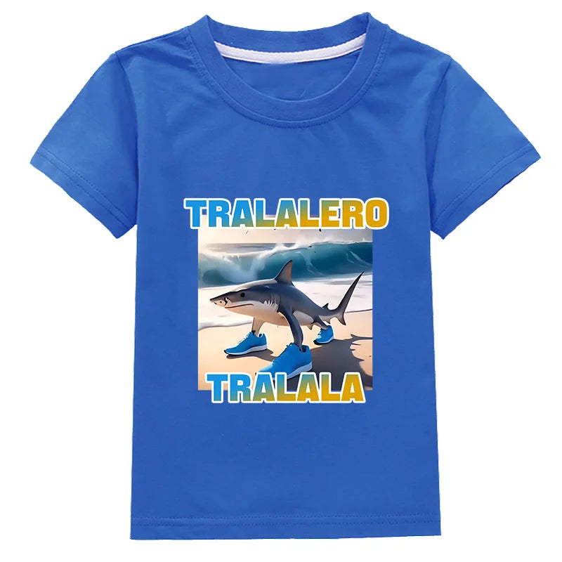Tralalero Tralala Funny Shark Meme Kids Clothes Summer Boys Short Sleeve Outerwear Girls Casual T Shirt Children Clothes