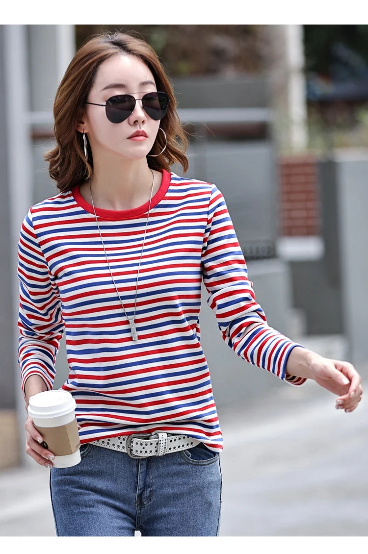 High Quality T Shirt For Women Korean Fashion Clothes Autumn Cotton Stripe Tee Shirt Femme O Neck Tops Woman Long Sleeve Tshirts