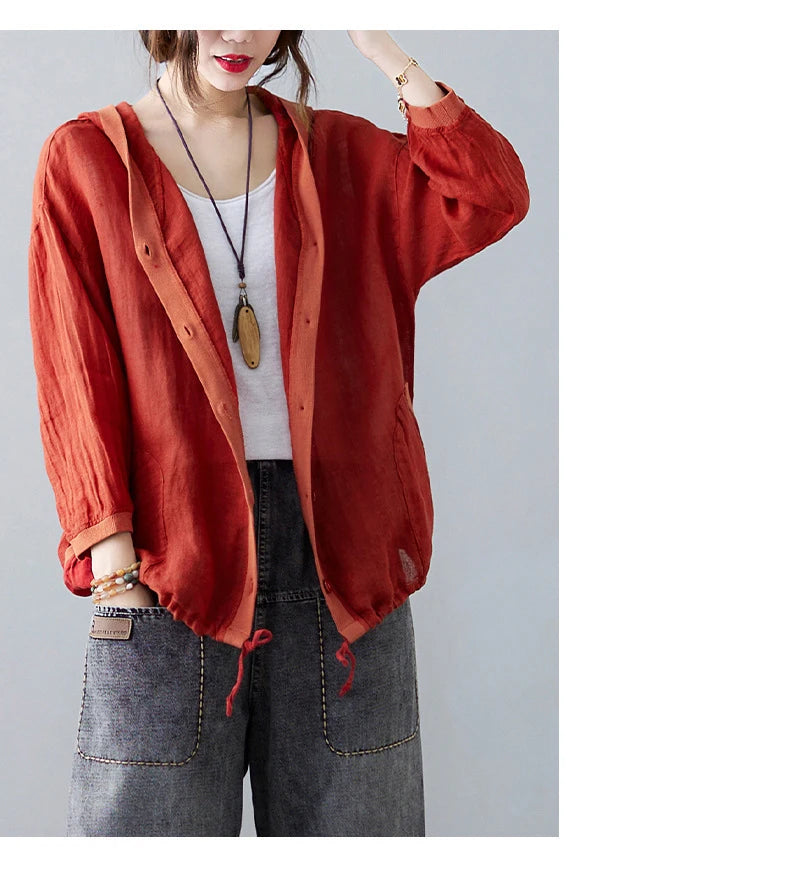 Women Summer Loose Hooded Sunscreen Casual Thin Jackets New Arrival Simple Style Solid Color Female Long Sleeve Hooded Coats
