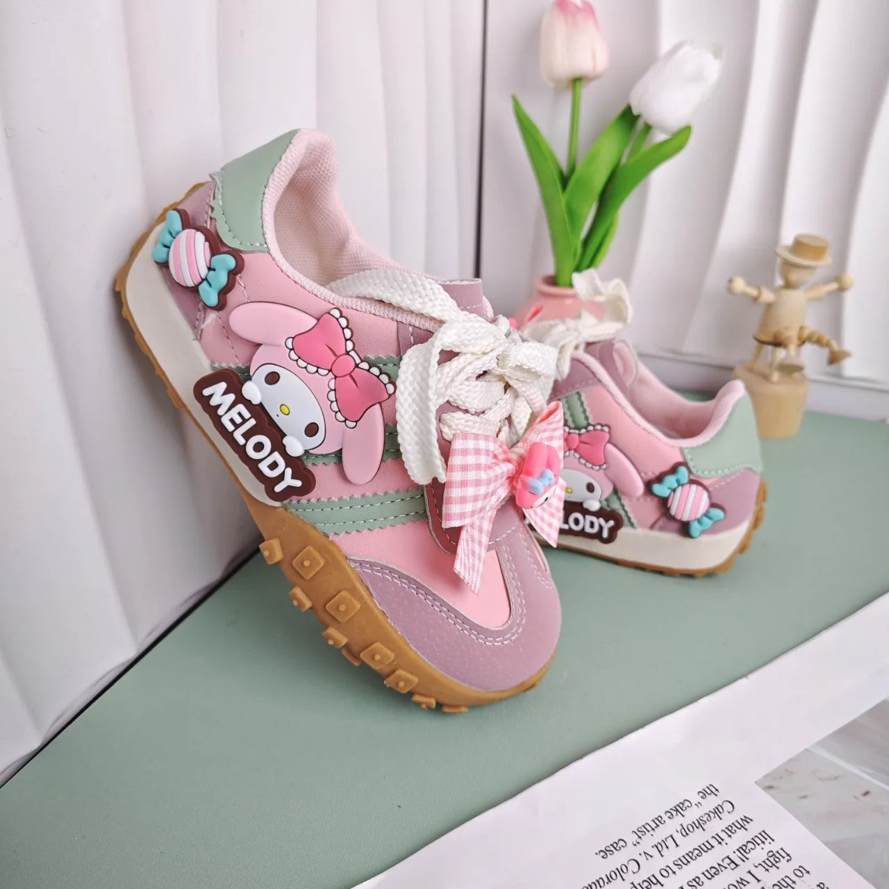Kids'casual Shoes My Melody Girls' Shoes Cartoon Pu Leather Outdoor Soft Bow Anti-Slip Sneakers Children Shoes Pink Size 26-37
