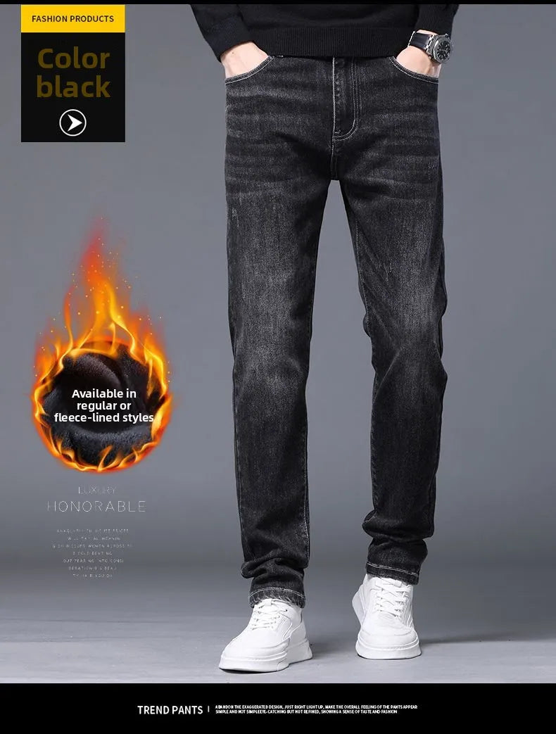 Fleece Thermal Autumn Winter Denim Jeans for Men Pants Warm Thicken Straight Stretch Clothing Fashion Street Causal Denim Pants