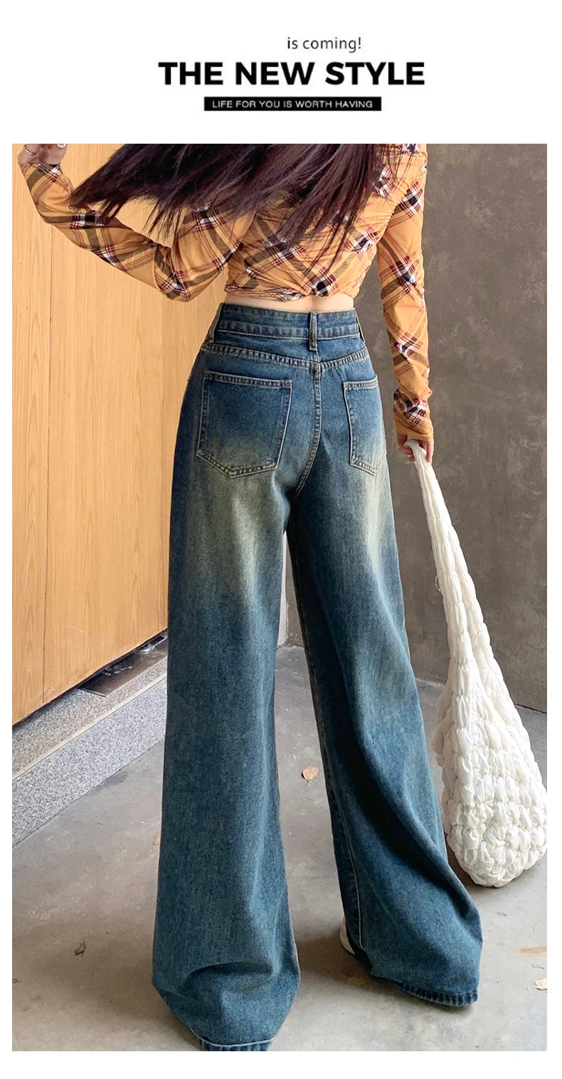 Women's Jeans Denim Pants 2025 Euramerican High Waist Girl Style Jean Trousers Colorful Straight Leg Wide Leg Pants