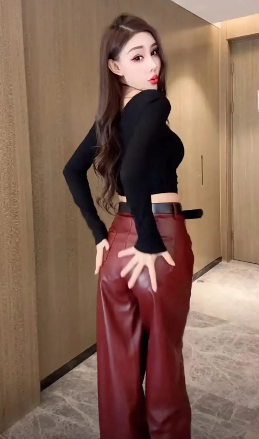 Womens Clothes Black PU leather Pants Women Casual Fashion Streetwear Gothic High Waist Flare leggings Trousers Womens Pants