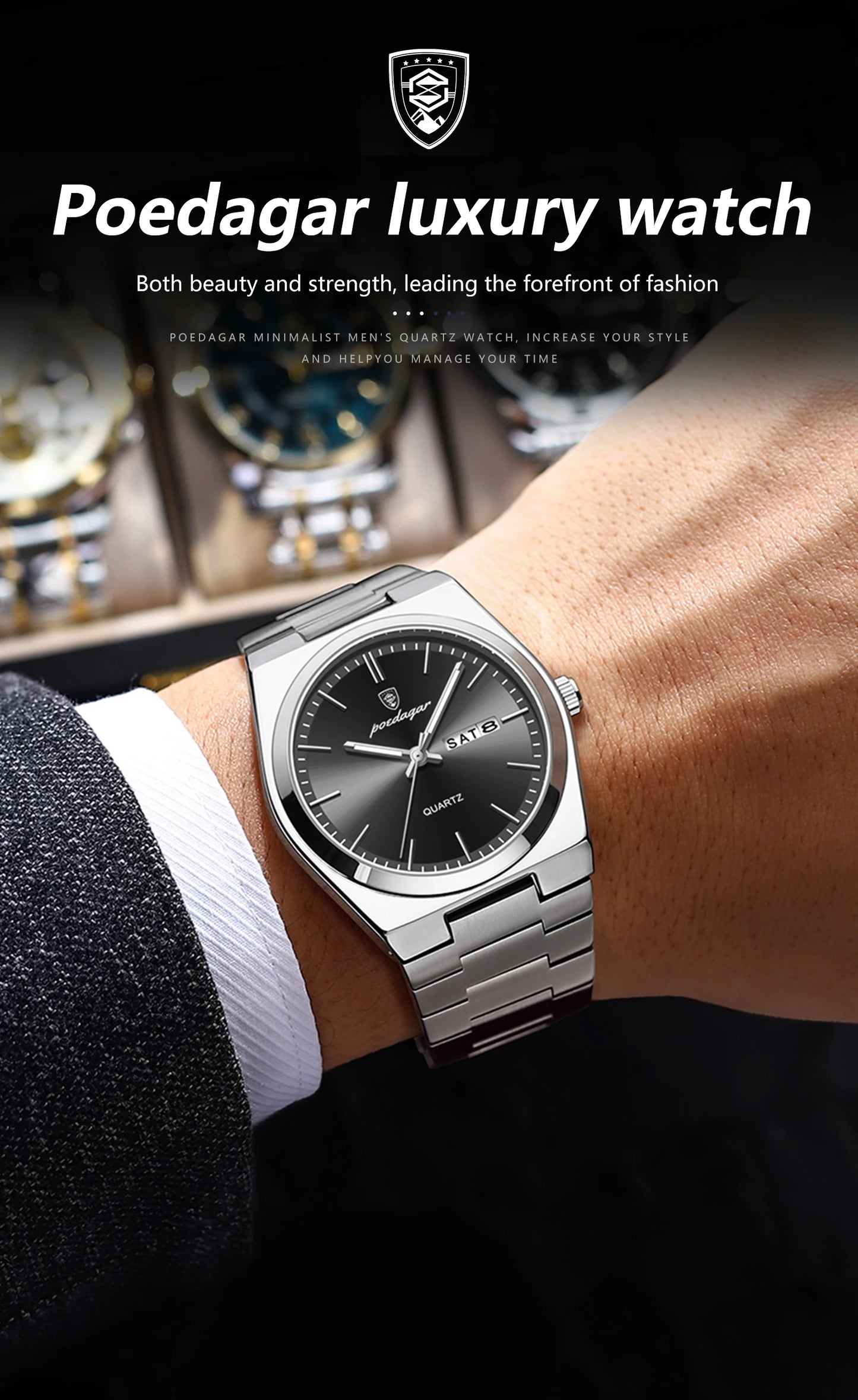 POEDAGAR Luxury Men Watch Stainless Steel Waterproof Luminous Man Wristwatch Date Week Fashion Casual Men's Watches Quartz Reloj