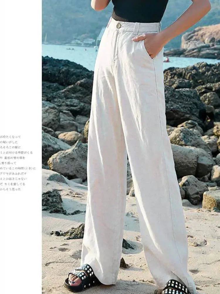 Women's Pants Summer Cotton Linen Wide Leg Pants Full Length Casual Solid White Loose High Waist Straight Trousers Women