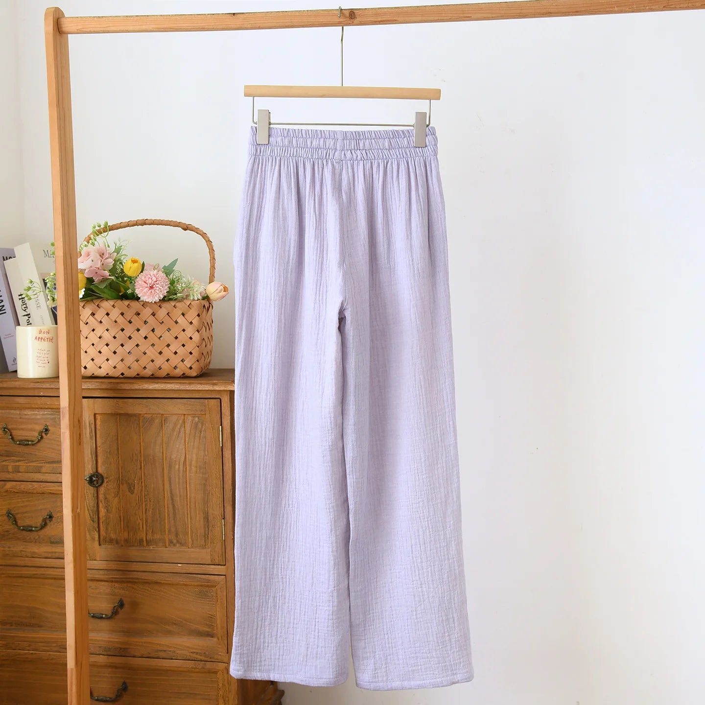 Summer Women Cotton Gauze Wide Leg Pants Casual Loose Elastic Waist Trousers with Pockets Solid Color Breathable Lounge Pants