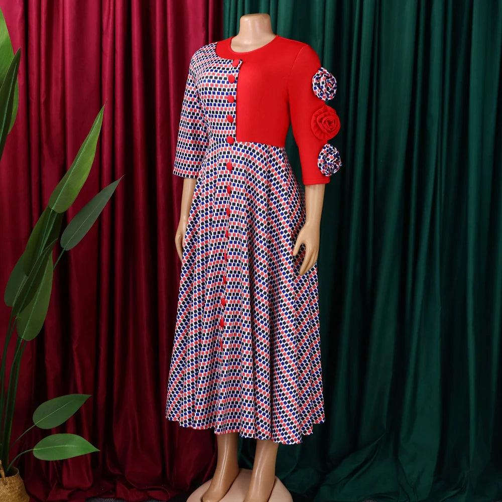 Elegant Dresses for Women 2025 Fall Fashion African 3/4 Sleeve Party Birthday New Robe Chic 3D Flower Plaid Evening A-Line Dress