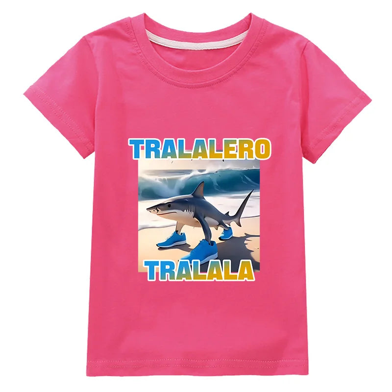 Tralalero Tralala Funny Shark Meme Kids Clothes Summer Boys Short Sleeve Outerwear Girls Casual T Shirt Children Clothes