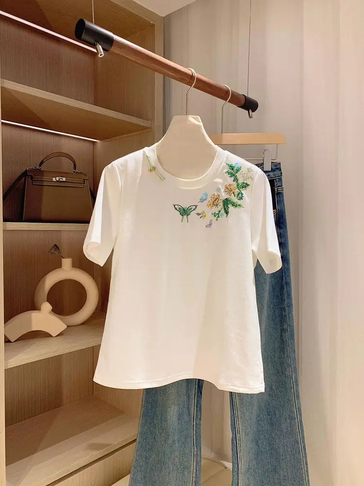 Pure Cotton Heavy Industry Embroidered Beaded Short-sleeved T-shirt for Women 2025 Summer New Loose Slim Fashion Top