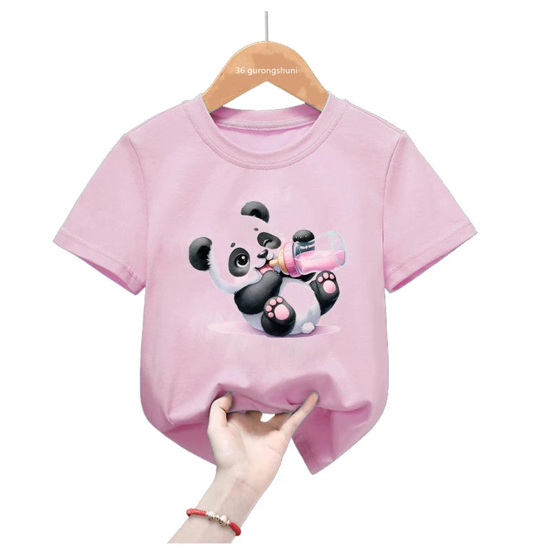 Rainbow Panda Birthday Gift Pink T Shirt Girls Harajuku Kawaii Kids Clothes Summer Fashion Tops Tee Shirt Funny T-Shirt