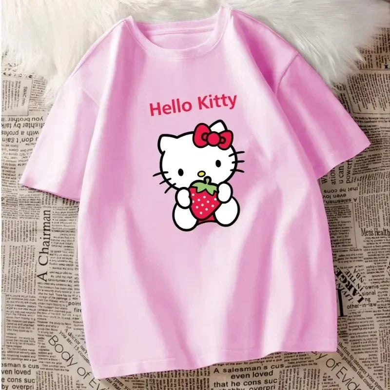 Hello Kitty Cotton T-shirt Women Men Couples Cute Printed Trend Tops Oversized Y2k Unisex Couples T-shirts Female Male Clthing