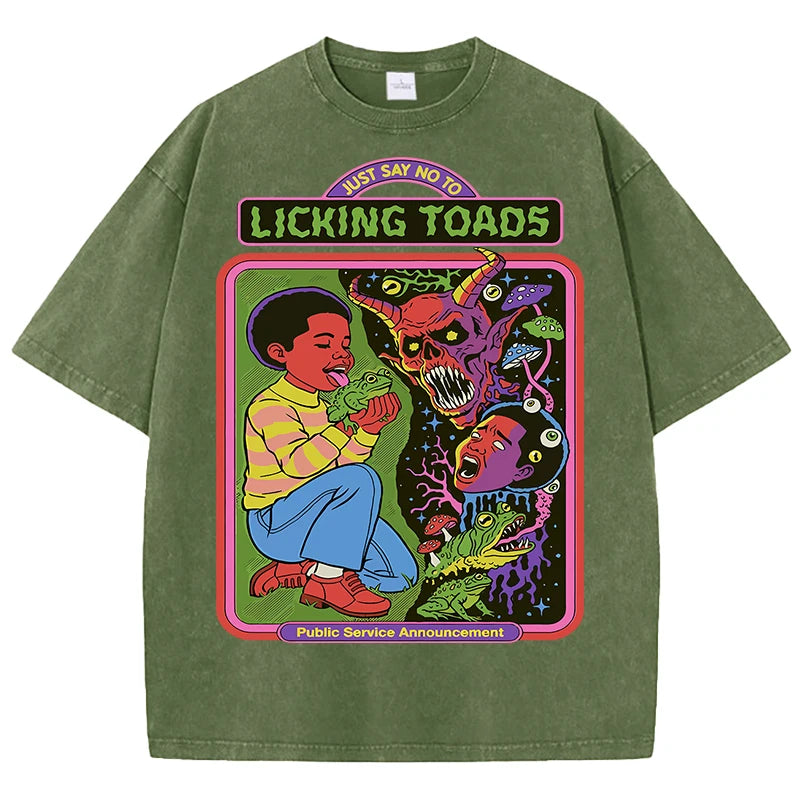 Licking Toads Printing Washed Men T Shirts Casual Stree Hip Hop Tees Breathable Soft Cotton Sport Loose Short Sleeve Unisex
