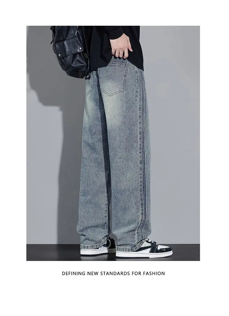 Elastic Loose Straight Jeans Men's Wide Legged Denim Pants Casual Trousers Korean Style Sportswear Clothing Jeans Men Pants