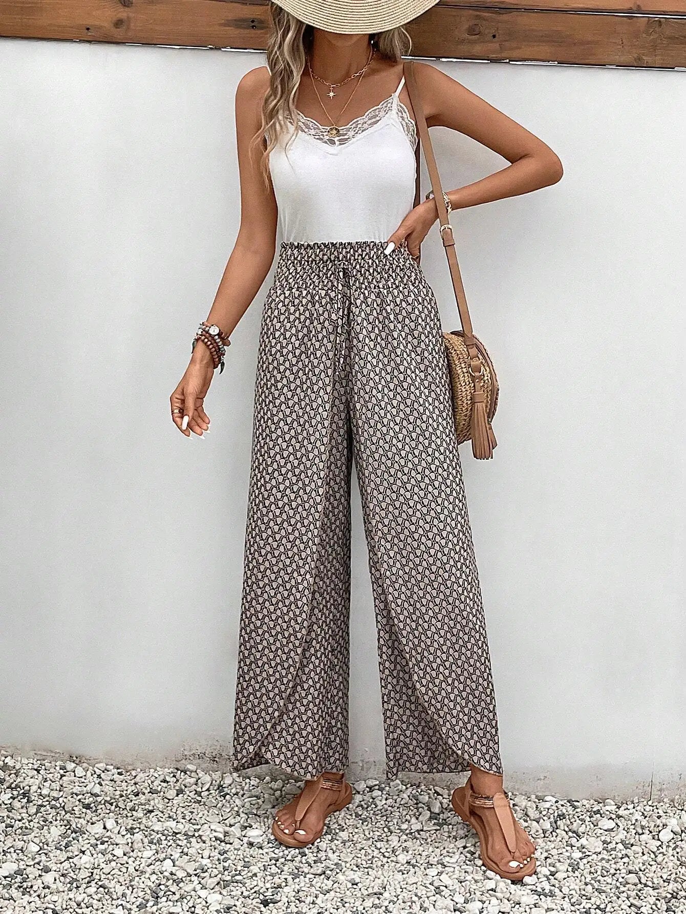 Women's Pants 2025 Summer New Fashion Floral Side Wide Leg Skirt Pants Calça Feminina Pantalon Mujer Pantaloni Lange Hosen