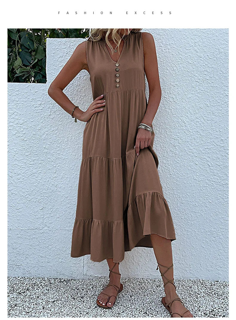 Dresses for Women 2025 Summer V-neck Single-breasted Vest Dress Sleeveless Loose Casual Solid Color Dress Vestidos De Mujer