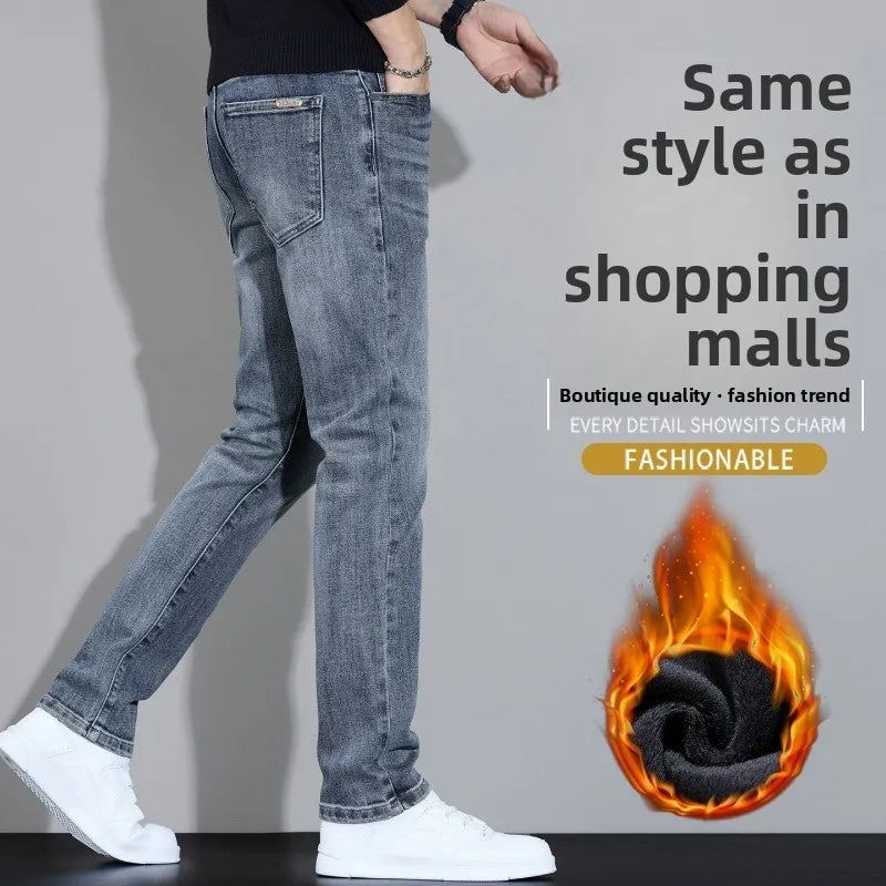 Fleece Thermal Autumn Winter Denim Jeans for Men Pants Warm Thicken Straight Stretch Clothing Fashion Street Causal Denim Pants