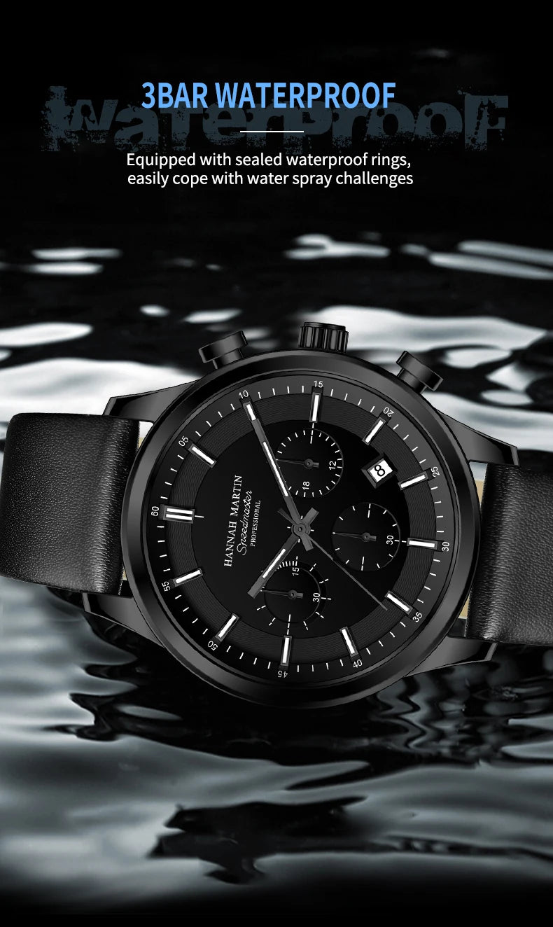 Hannah Martin Brand Men Watch Multifunctional Timing Dial Casual Sports Leather Original Quartz Movement Business Watch for Men